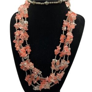 Vintage Multi Strand Necklace‎ Pink White Chip Stones Silver Tone Beads